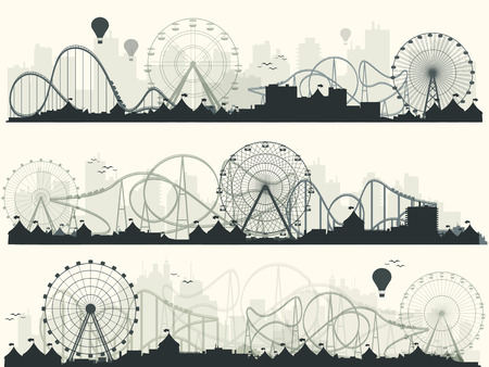 Vector illustration. Ferris wheel. Carnival. Funfair background. Circus park.  Skyscrapers with roller coast.のイラスト素材