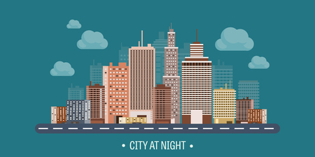 Vector illustration. Set of city silhouettes. Cityscape. Town skyline. Panorama. Midtown houses. Skyscrapers.のイラスト素材