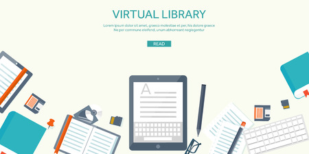 Vector illustration. Tablet with keyboard and books. Study , typing.のイラスト素材