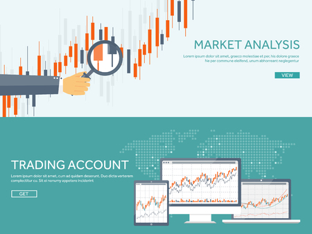 Vector illustration. Flat background. Market trade. Trading platform ,account. Moneymaking,business. Analysis. Investing.