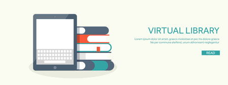 Vector illustration. Tablet with keyboard and books. Study , typing.のイラスト素材