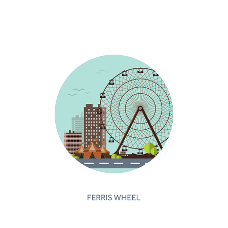 Vector illustration. Ferris wheel. Summer carnival. Funfair background. Circus park. Roller coaster.のイラスト素材