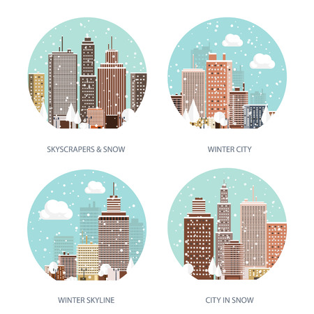 Vector illustration. Winter urban landscape. City with snow. Christmas and new year.  Cityscape. Buildings.のイラスト素材