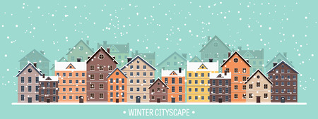 Vector illustration. Winter urban landscape. City with snow. Christmas and new year.  Cityscape. Buildings.のイラスト素材