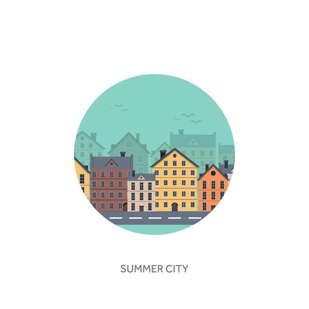 Vector illustration. City silhouettes. Cityscape. Town skyline. Panorama. Midtown houses. Summer.のイラスト素材