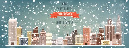Vector illustration. Winter urban landscape. City with snow. Christmas and new year.  Cityscape. Buildings.のイラスト素材