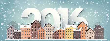 Vector illustration. Winter urban landscape. City with snow. Christmas and new year.  Cityscape. Buildings.のイラスト素材