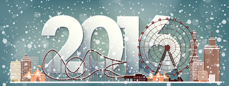 Vector illustration. Ferris wheel. Winter carnival. Christmas, new year. Park with snow.のイラスト素材