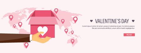 Vector illustration. Flat background with box and hand. Love, hearts. Valentines day. Be my valentine. 14 february.  Message.のイラスト素材