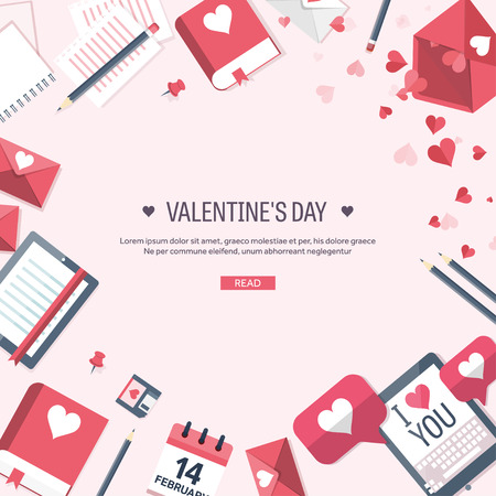 Flat background with tablet. Love, hearts. Valentines day. Be my valentine. 14 February.のイラスト素材