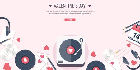 Vector illustration. Flat musical background with vinyl. Love, hearts. Valentines day. Be my valentine. 14 february.のイラスト素材
