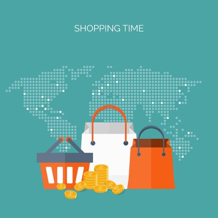 Vector illustration. Flat header. Shopping. Web store. Global communication, trading. E-business. Commerce, money making. Internet banking.のイラスト素材