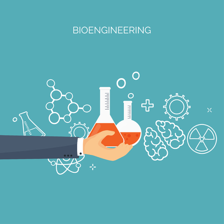 Vector illustration. Hand with flask. Flat medical background. Health care ,first aid, research ,cardiology. Medicine ,study. Chemical engineering ,pharmacy.のイラスト素材