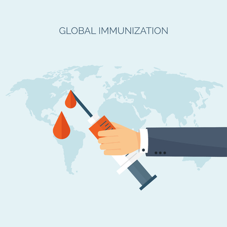 Vector illustration. Hand with syringe. Flat medical background. Health care ,first aid, research ,cardiology. Medicine ,study. Chemical engineering ,pharmacy.のイラスト素材