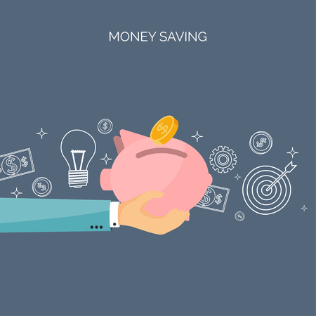 Flat vector illustration backgrounds set. Piggy bank, deposit. Money  saving, money making. Web payments. World currency. Internet store, shopping. Pay per click. Business.のイラスト素材