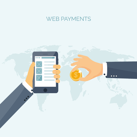 Vector illustration. Flat header. Shopping. Web store. Global communication, trading. E-business. Commerce, money making. Internet banking.のイラスト素材