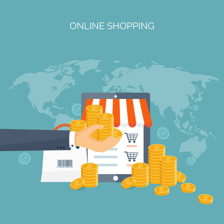 Vector illustration. Flat header. Shopping. Web store. Global communication, trading. E-business. Commerce, money making. Internet banking.のイラスト素材