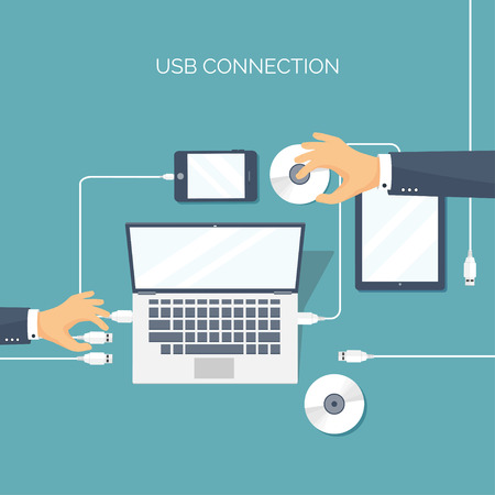 Vector illustration. Usb connection. Computer, tablet, smartphone. Cable.のイラスト素材