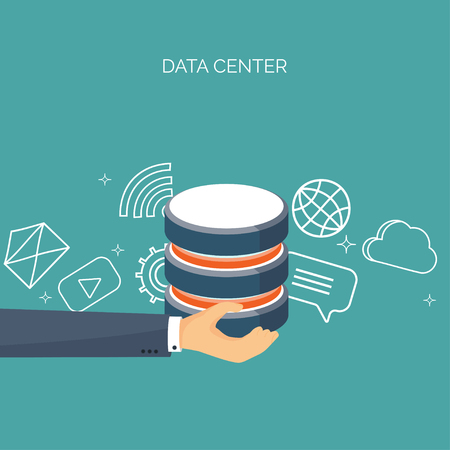 Vector illustration. Flat cloud computing background. Data storage network technology. Multimedia content, web sites hosting. Memory, information transfer.のイラスト素材