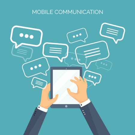 Vector illustration. Flat backgrounds set.  Social media, chatting. Global communication. Laptop, computer, loudspeaker. Emailing. Web chat, internet messages. Sms.のイラスト素材