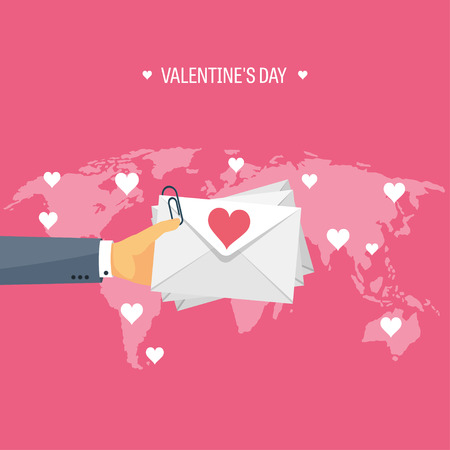 Vector illustration. Flat background with envelope. Love, hearts. Valentines day. Be my valentine. 14 february.  Message.のイラスト素材