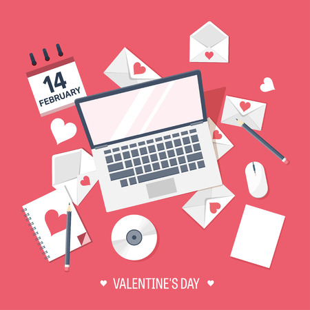 Vector illustration. Flat background with computer, laptop. Love, hearts. Valentines day. Be my valentine. 14 february.  Message.のイラスト素材