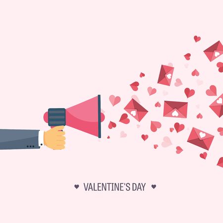 Vector illustration. Flat background with loudspeaker. Love, hearts. Valentines day. Be my valentine. 14 february.  Message.のイラスト素材