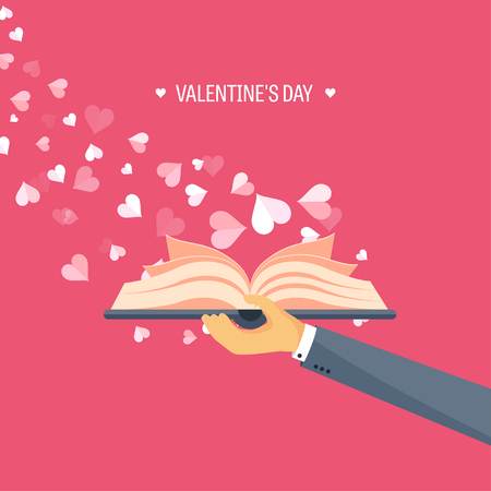 Vector illustration. Flat background with book. Love, hearts. Valentines day. Be my valentine. 14 february.のイラスト素材