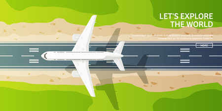 Vector illustration. Travel and tourism. Airplane, aviation. Summer holidays, vacation. Plane landing. Flight, air travelling.  Sky, aerial background. Journey.のイラスト素材