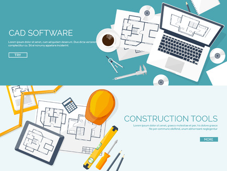 Vector illustration. Engineering and architecture. Notebook, software. Drawing, construction.  Architectural project. Design, sketching. Workspace with tools. Planning and building.のイラスト素材