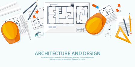 Vector illustration. Engineering and architecture. Drawing, construction.  Architectural project. Design, sketching. Workspace with tools. Planning and building.のイラスト素材