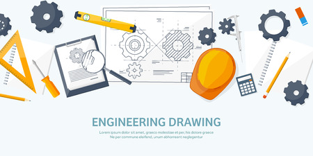 Vector illustration. Engineering and architecture. Drawing, construction.  Architectural project. Design, sketching. Workspace with tools. Planning and building.のイラスト素材