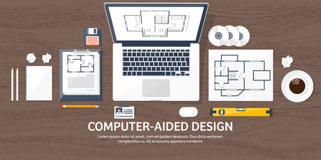 Vector illustration. Engineering and architecture. Notebook, computer . Drawing, construction.  Architectural project. Design, sketching. Workspace with tools. Planning, building. Wood background.のイラスト素材