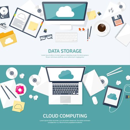 Vector illustration. Workplace, table with documents, computer. Flat cloud computing background. Media, data server. Web storage.CD. Paper blank. Digital technologies. Internet connection.のイラスト素材
