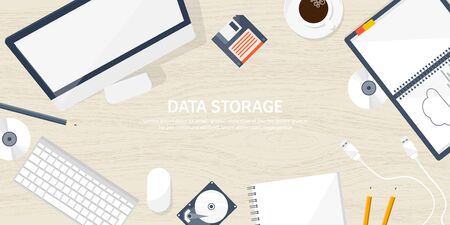 Vector illustration. Workplace, table with documents, computer. Flat cloud computing background. Media, data server. Web storage.CD. Paper blank. Digital technologies. Internet connection. Wooden texture, wood.のイラスト素材