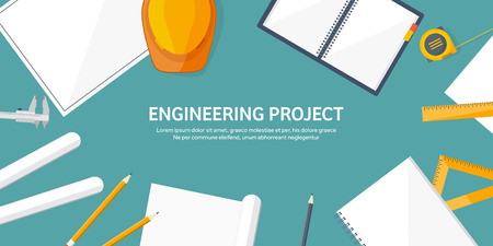 Vector illustration. Engineering and architecture. Drawing, construction.  Architectural project. Design, sketching. Workspace with tools. Planning and building.のイラスト素材