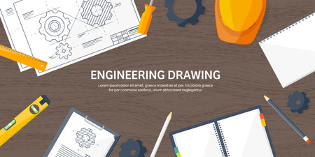 Vector illustration. Engineering and architecture. Drawing, construction.  Architectural project. Design, sketching. Workspace with tools. Planning and building. Wooden background.のイラスト素材