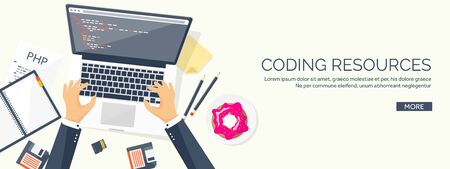 Programming,coding. Flat computing background. Code, hardware,software. Web development. Search engine optimization. Innovation,technologies. Mobile app. Vector illustration. SEO.のイラスト素材