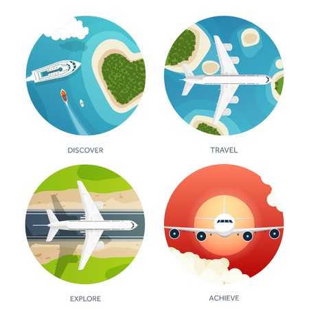 Vector illustration. Travel and tourism. Airplane, aviation. Summer holidays, vacation. Plane landing. Flight, air travelling.  Sky, aerial, tropical background. Journey.  Island, sea, boats.のイラスト素材