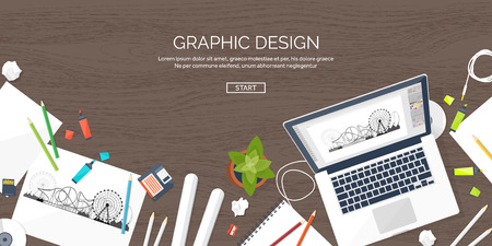 Graphic web design. Drawing and painting. Development. Illustration, sketching, freelance. User interface. UI. Computer, laptop. Wood texture.のイラスト素材