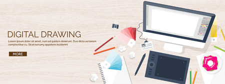 Graphic web design. Drawing and painting. Development. Illustration, sketching, freelance. User interface. UI. Computer, laptop. Wood texture.のイラスト素材