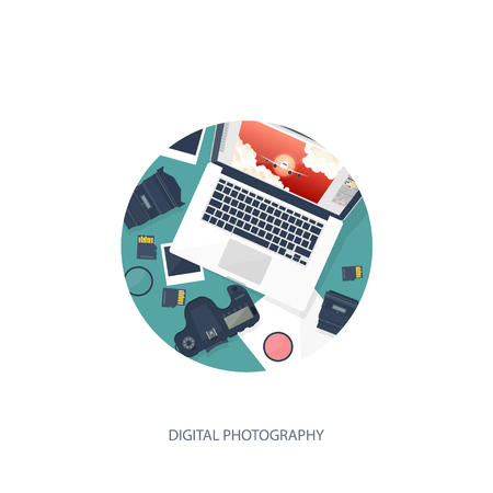Photographer equipment on a table. Photography tools, photo editing, photoshooting flat background.  Digital photocamera with lens. Vector illustration.のイラスト素材