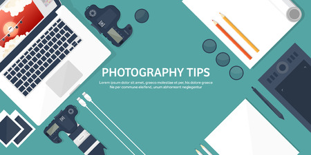 Photographer equipment on a table. Photography tools, photo editing, photoshooting flat background.  Digital photocamera with lens. Vector illustration.のイラスト素材