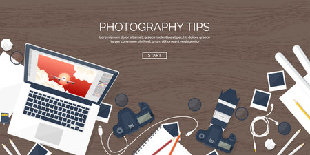 Photographer equipment on a table. Photography tools, photo editing, photoshooting flat background.  Digital photocamera with lens. Vector illustration. Wood. Wooden.のイラスト素材
