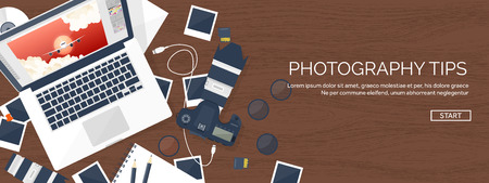 Photographer equipment on a table. Photography tools, photo editing, photoshooting flat background.  Digital photocamera with lens. Vector illustration. Wood. Wooden.のイラスト素材