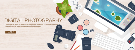 Photographer equipment on a table. Photography tools, photo editing, photoshooting flat background.  Digital photocamera with lens. Vector illustration. Wood. Wooden.のイラスト素材