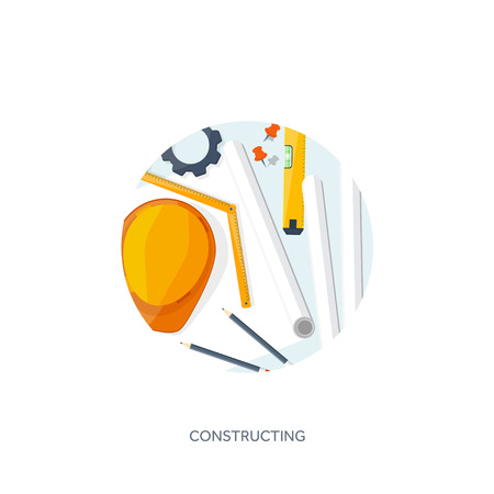 Vector illustration. Engineering and architecture. Drawing, construction.  Architectural project. Design, sketching. Workspace with tools. Planning and building.のイラスト素材