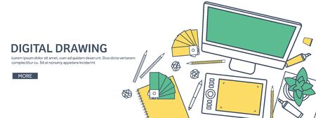 Lined, outline vector illustration. Workplace, table with documents, computer. Flat cloud computing background. Media, data server. Web storage.CD. Paper blank. Digital technologies. Internet connection.のイラスト素材