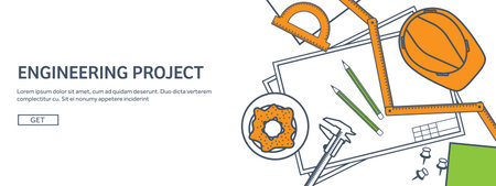 Lined, outline.Vector illustration. Engineering and architecture. Drawing, construction. Architectural project. Design, sketching. Workspace with tools. Planning, building.のイラスト素材