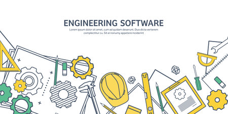 Lined, outline. Vector illustration. Engineering and architecture. Drawing, construction. Architectural project. Design, sketching. Workspace with tools. Planning, building.のイラスト素材